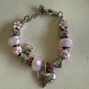 Pink Women's Crystal Beads  And Heart Charm Bracelet 7.5"/19CM